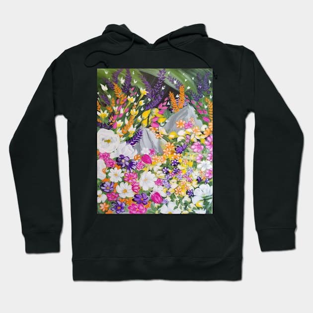 Flower and Garden, Floral Artwork, Bright Flowers Painting, Pink, Purple, White, and Orange Wild Flowers with dark background Hoodie by roxanegabriel